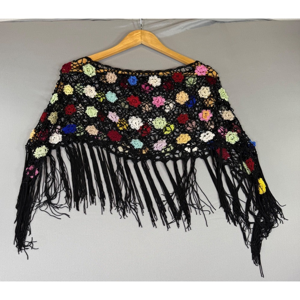 Floral Crochet Beaded Fringe Shawl One Size Wrap Boho Black Artsy Festival